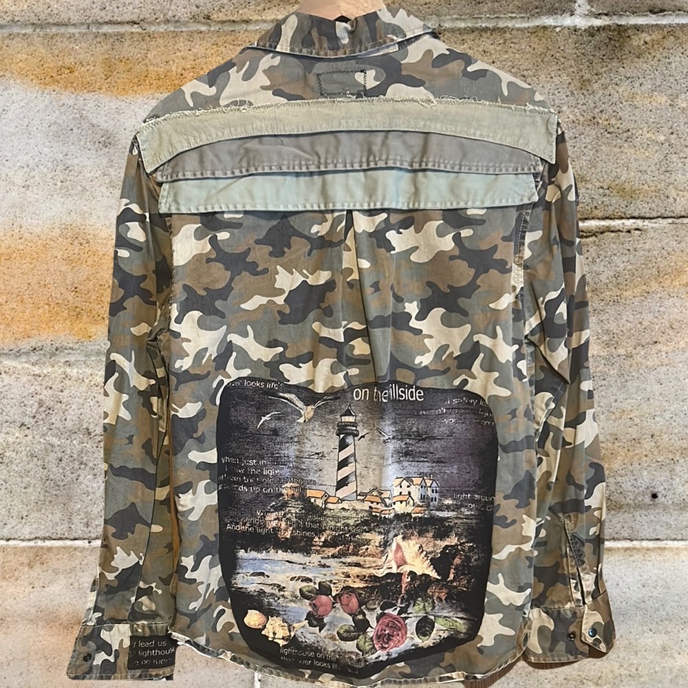 Upcycled patched camo camouflage carbon canvas army utility shirt shacket